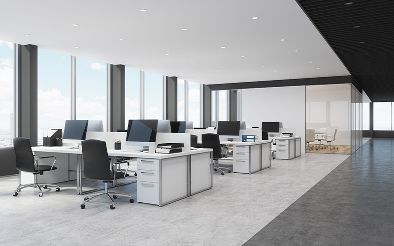 Empty office full of computing devices