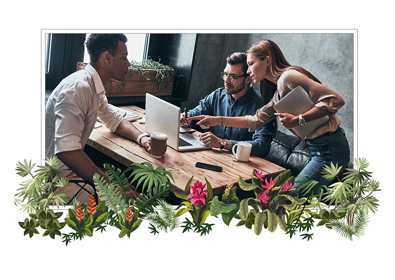 group of office workers dynamically engaged with laptop screen