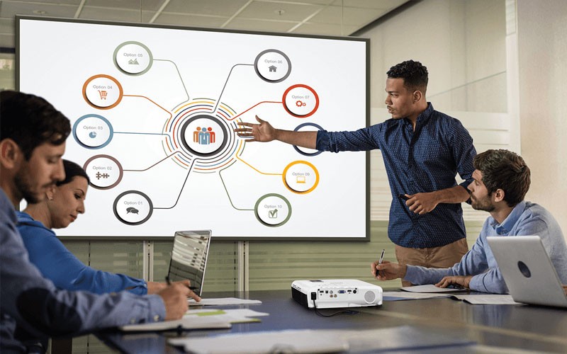 Group of teammates watching presentation with Epson Projector