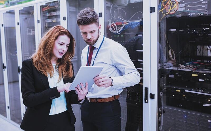 Power your workloads on a net carbon-neutral cloud that matches the electricity used to power Google Cloud Professionals working on server room